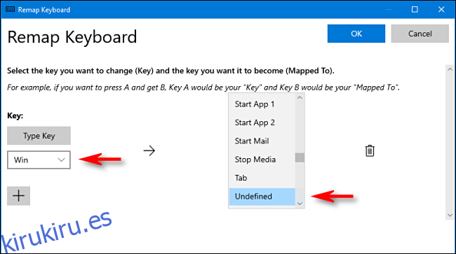 En PowerToys, seleccione la tecla Win y Sin asignar en el Administrador de teclado en Windows 10