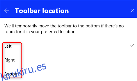 Las opciones de ubicación de la barra de herramientas.