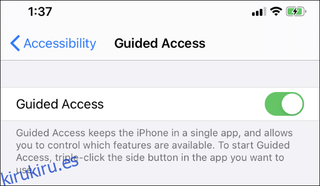 Habilitar el modo de acceso guiado en la pantalla de configuración del iPhone.