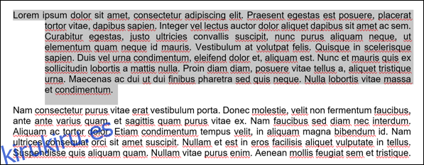 Una muestra de texto de un documento de Microsoft Word, con una sangría francesa aplicada al primer párrafo.