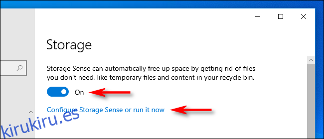Haga clic en el interruptor para activar Storage Sense en la configuración de Windows 10
