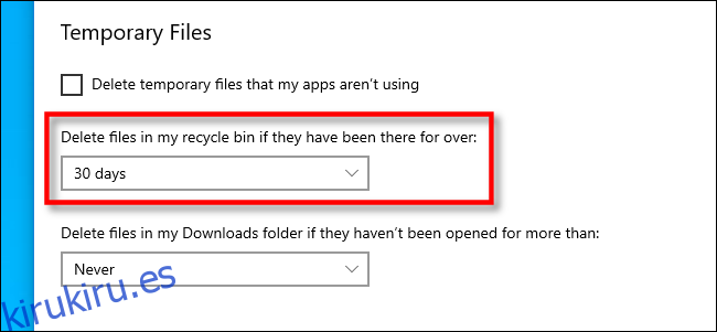 Establecer el intervalo para la eliminación de archivos de la Papelera de reciclaje en la configuración de Windows 10