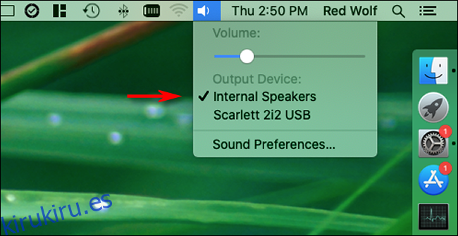 Seleccionar un dispositivo de salida de sonido desde el icono de altavoz en la barra de menú en Mac