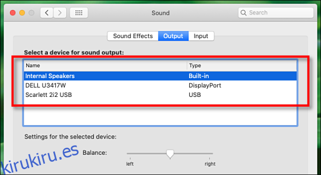 Seleccione un dispositivo de salida de audio en las preferencias de Sonido en Mac