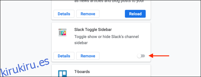 Haga clic en Alternar para deshabilitar una extensión de Chrome