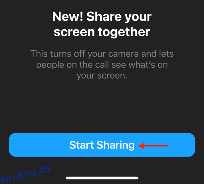 Toca Comenzar a compartir en Messenger para iPhone