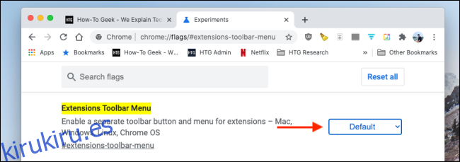 Haga clic en el menú desplegable junto al menú de extensiones en Chrome Flags