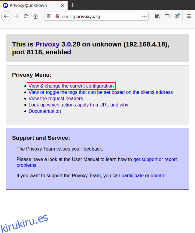La página de inicio de Privoxy en una ventana del navegador.