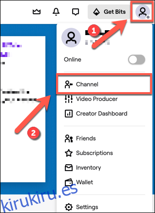 Para acceder a su canal de Twitch, toque el icono del canal en la parte superior derecha.  En el menú desplegable, haga clic en el 