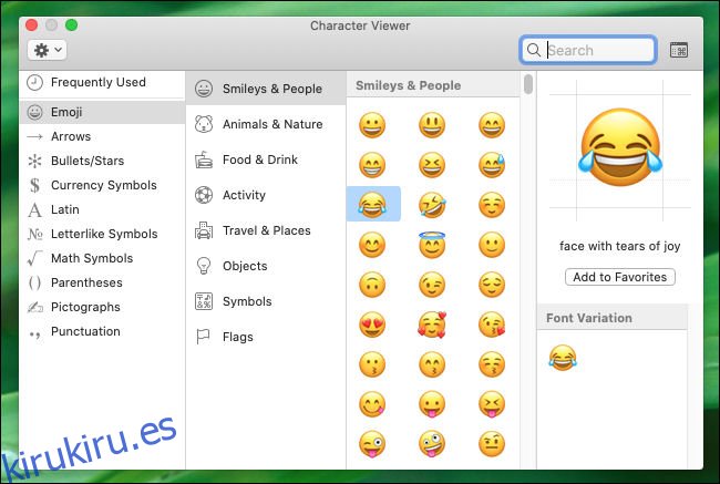 Examinando la ventana del Visor de caracteres en Mac.