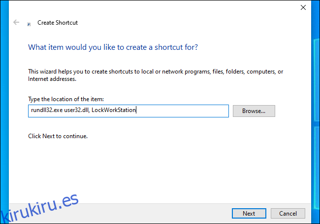 Creando un acceso directo que bloquea la computadora en Windows 10.