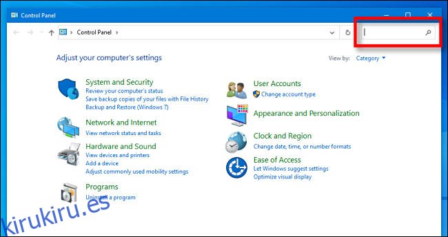 Busque la barra de búsqueda del Panel de control de Windows 10.