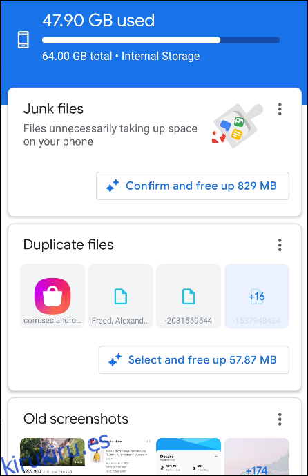 Los archivos de Google que muestran la cantidad de espacio utilizado en un teléfono Android.