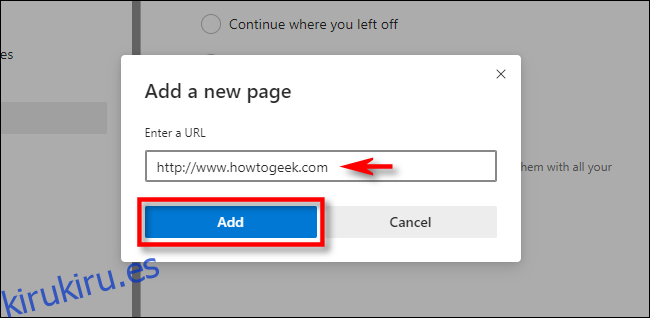 En Configuración de Edge, ingrese la dirección de un sitio web, luego haga clic en 