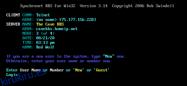La pantalla de inicio de sesión de Cave BBS en una ventana SyncTERM.