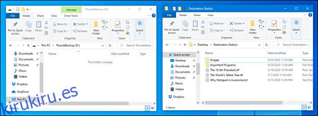 Dos ventanas del Explorador de archivos se abren una al lado de la otra en Windows 10.