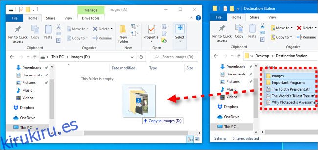 Haga clic y arrastre los archivos desde una ventana a la ventana de la unidad flash USB en el Explorador de archivos de Windows 10.