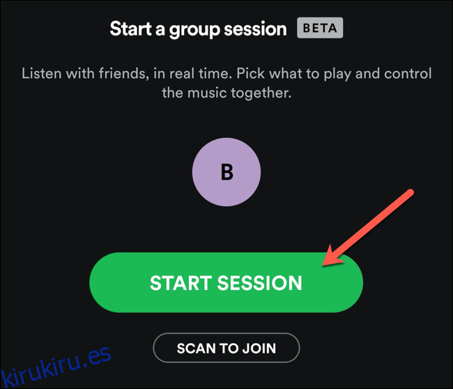 Toque Iniciar sesión para iniciar una nueva sesión grupal de Spotify.
