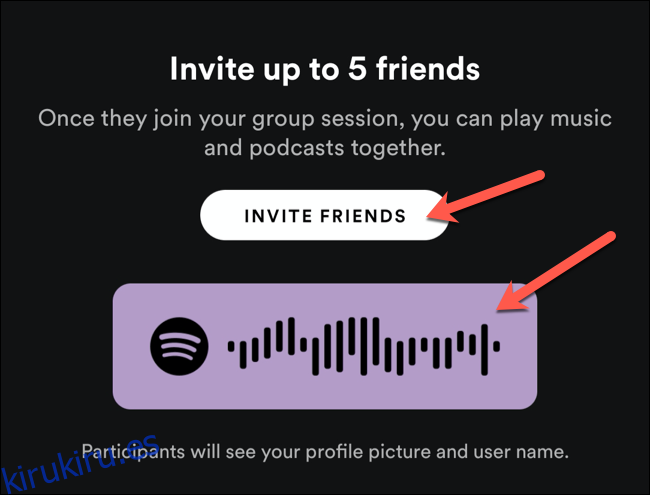 Use el código para compartir para invitar a usuarios cercanos a una sesión grupal de Spotify, o toque Invitar amigos para compartirlo con otros usuarios