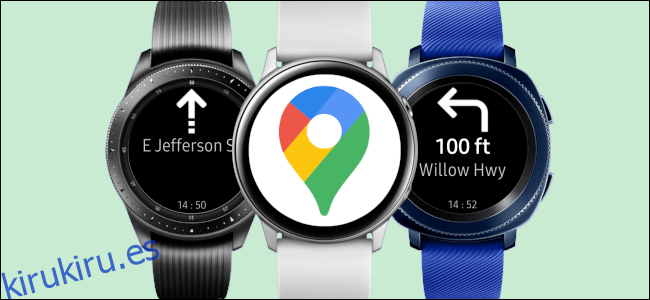 Tres relojes inteligentes Samsung Galaxy con indicaciones de Google Maps.