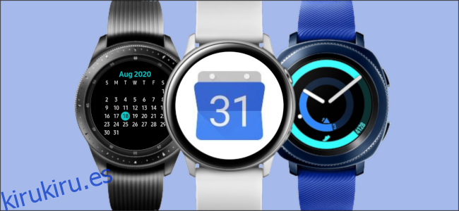 Tres relojes inteligentes Samsung Galaxy con Google Calendar.