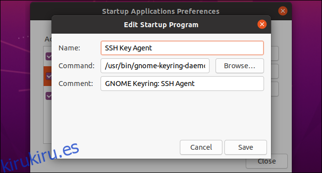 Editando un programa de inicio en el escritorio GNOME de Ubuntu.