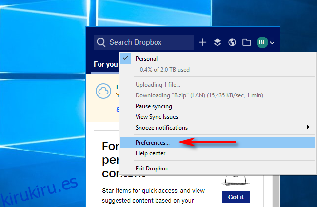Haga clic en Preferencias en Dropbox para Windows