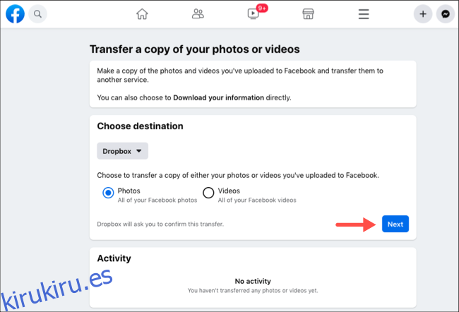 Transferir fotos o videos de Facebook