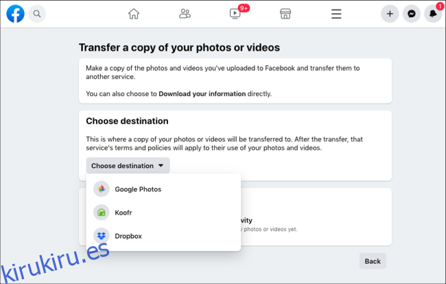 Elija el destino para la transferencia de fotos y videos de Facebook