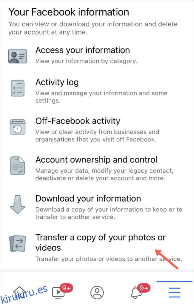 Seleccione la opción de transferir fotos y videos en la aplicación de Facebook