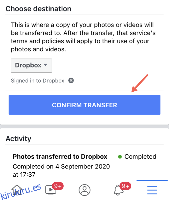 Iniciar la transferencia de fotos y videos en la aplicación de Facebook