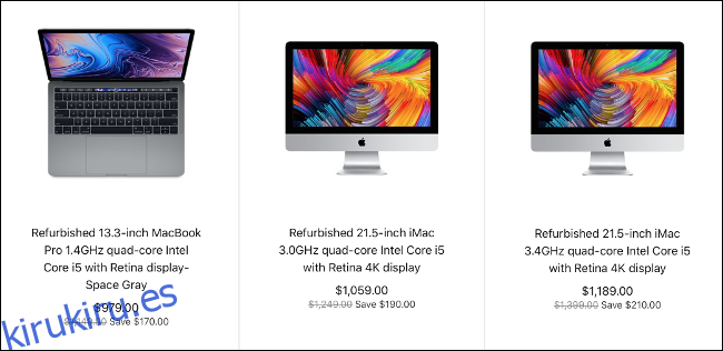 Tres Macs reacondicionados a la venta en el sitio web de Apple.