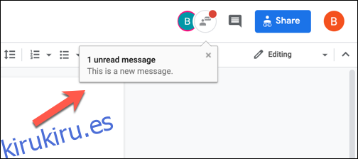 Una nueva ventana emergente de notificación de mensajes de chat del editor en Google Docs
