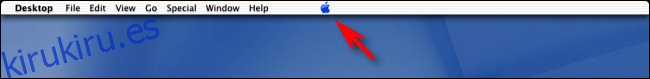 El logotipo de Apple en el centro de la barra de menú en Mac OS X Public Beta.