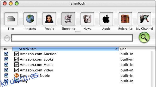 Una ventana de búsqueda de Sherlock en Mac OS X Public Beta.