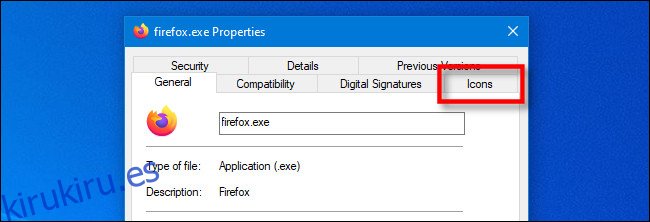 En la ventana Propiedades de EXE en Windows 10, haga clic en el IconViewer especial 