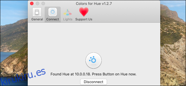Pulsando el botón Hue para conectar Colors for Hue.