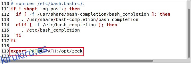 El archivo BASHRC en el editor gedit con la línea export PATH = $ PATH: / opt / zeek.
