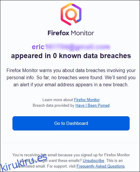 Una confirmación por correo electrónico de Firefox Monitor