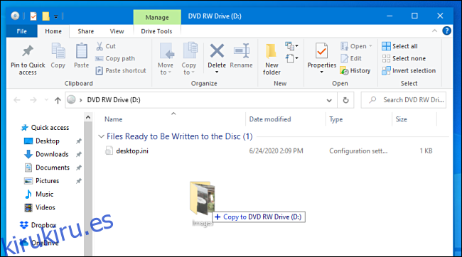 Copiar archivos a un disco masterizado en Windows 10.