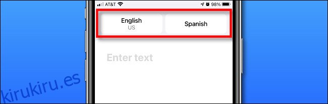 Los botones de selección de idioma en Apple Translate en iPhone.