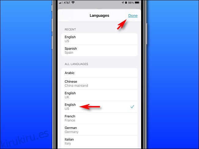 En Apple Translate en iPhone, seleccione un idioma de la lista y luego toque 