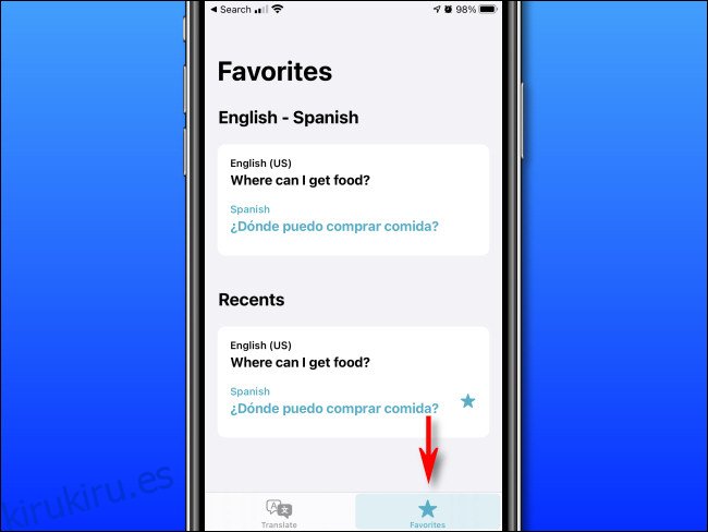 En Apple Translate en iPhone, toque el 