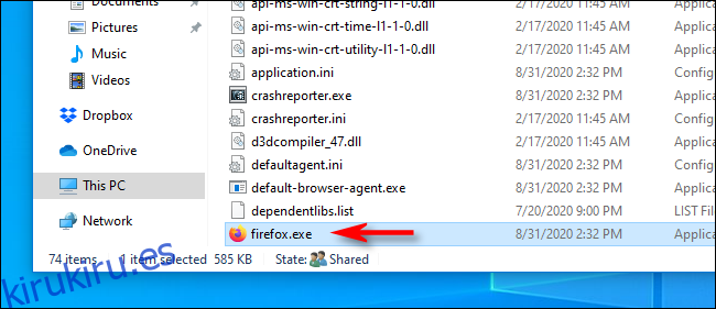Localizar el archivo EXE de una aplicación en el Explorador de archivos en Windows 10.