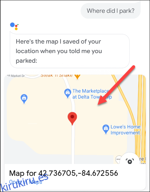 Un mapa que muestra dónde está estacionado un automóvil en el Asistente de Google.
