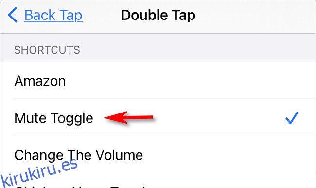En la configuración de Back Tap en iPhone, toque el acceso directo que le gustaría usar.