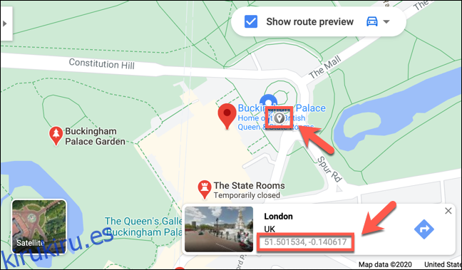 Las coordenadas del Palacio de Buckingham, Londres, que se muestran en el sitio web de Google Maps