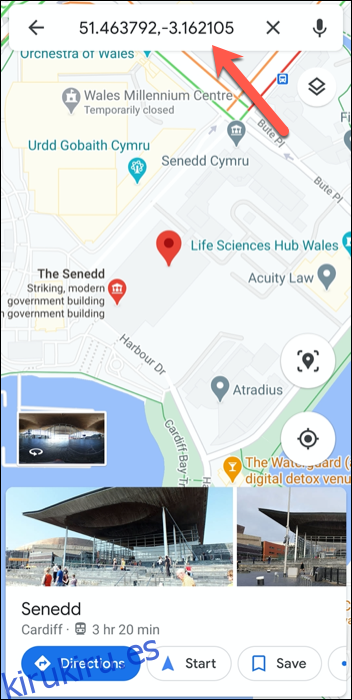 Las coordenadas GPS del Parlamento de Gales, Reino Unido, en la aplicación Google Maps en Android.