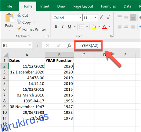 Ejemplos de la función AÑO utilizada en Microsoft Excel