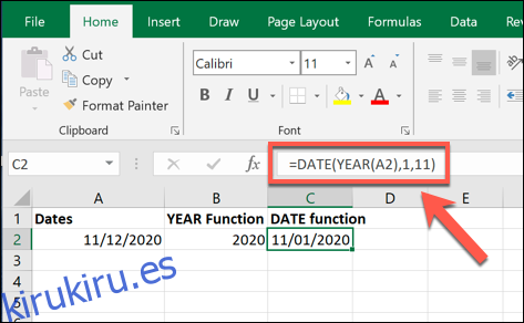 Un ejemplo de valor de fórmula FECHA, creado usando el valor creado por una fórmula AÑO en Excel